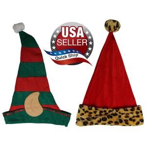 2 Christmas Caps •His (Red & Green with Elf Ears) & Hers (Red with Faux Leopard)